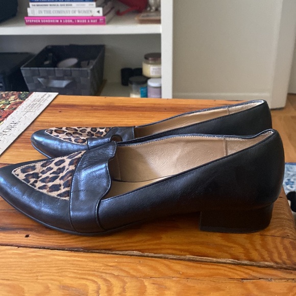 Avellini Black Leather Calf Hair Leopard Loafer Flats. Size 41 (fits 10) - Picture 2 of 5